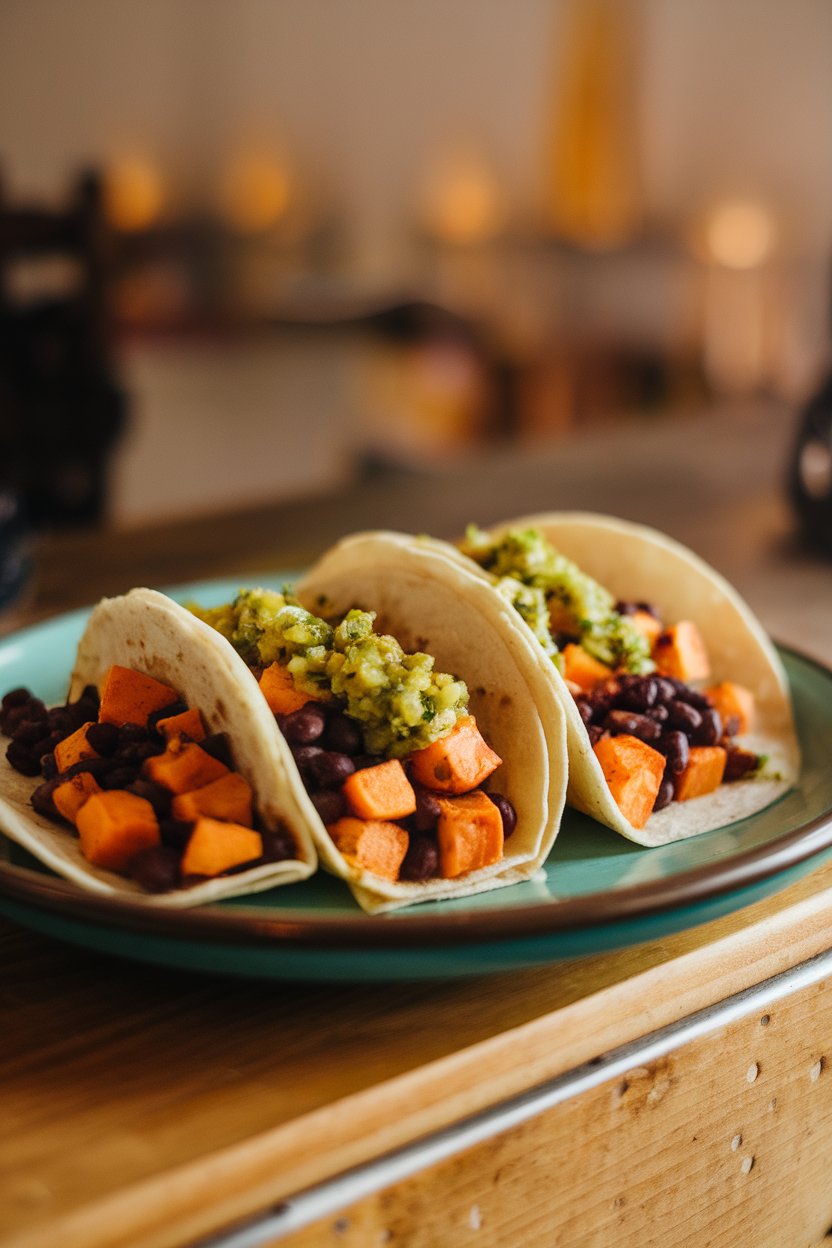 Indoor taco plate with corn tortillas holding roasted sweet potato cubes and black beans, topped with salsa verde—warm lighting, no text or logos.