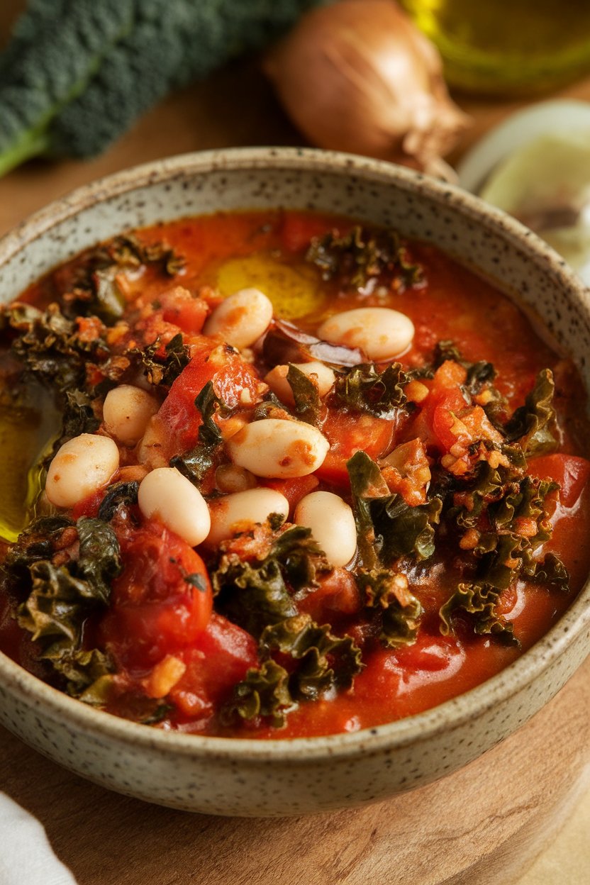 Indoor photo of a rustic bowl of thick kale and white bean stew, drizzle of olive oil on top, no text or logos.