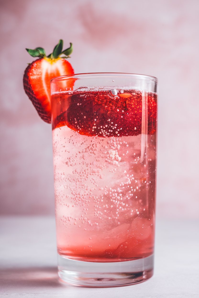 Indoor highball glass of pink strawberry rhubarb fizz, tiny bubbles rising, sliced strawberry garnish. No branding present.