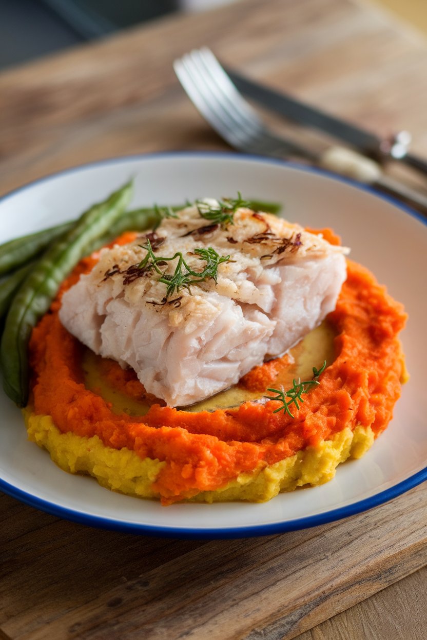 An indoor dinner plate featuring a flaked piece of baked cod next to a colorful carrot-potato mash; no text or logos.