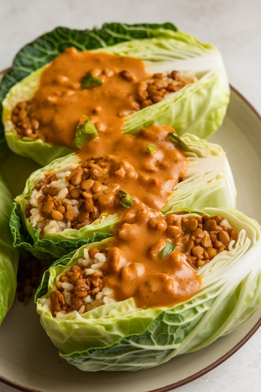 Indoor photo of cabbage rolls filled with lentils and rice in mild curry sauce, sliced open on a plate, no text or logos