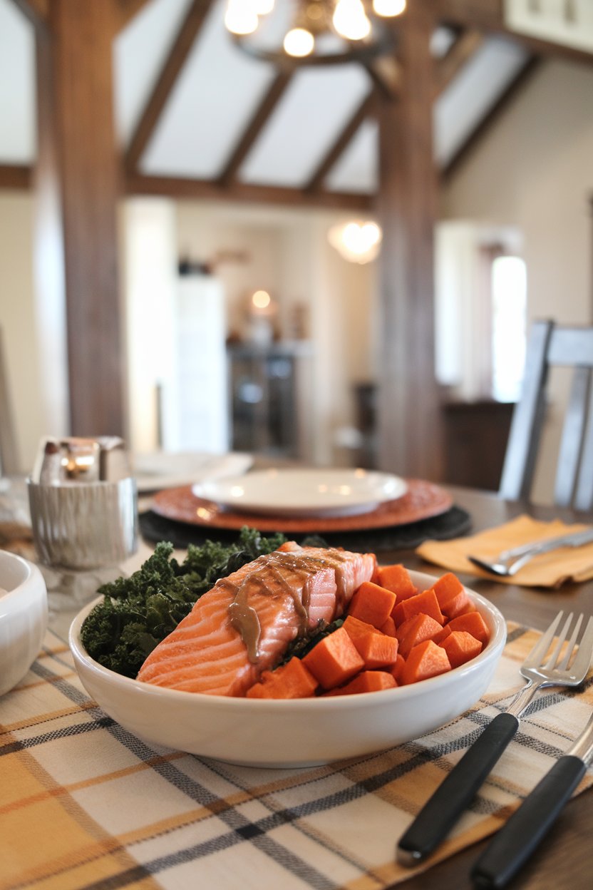 Indoor table with a bowl of roasted salmon, cubed sweet potatoes, baby kale, and a maple Dijon drizzle. No text or logos.