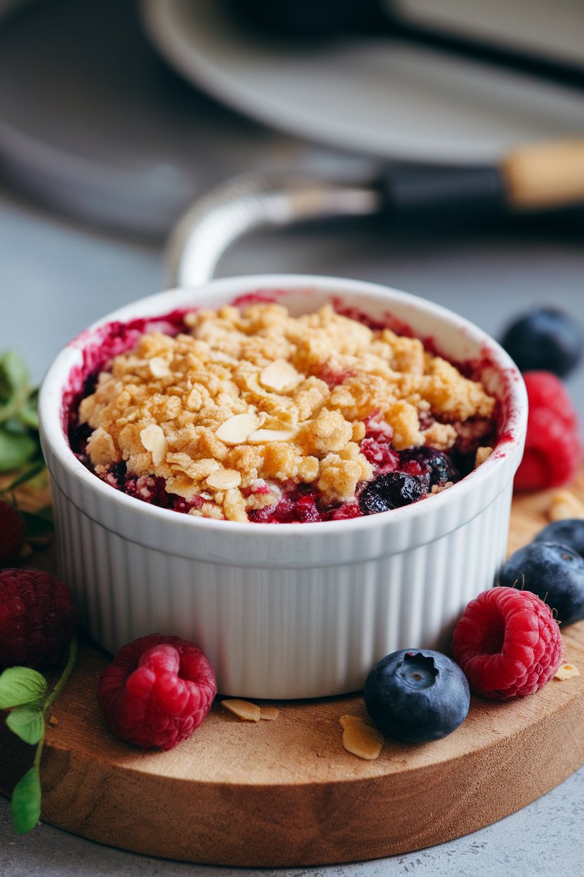 Indoor photo of a ramekin with bubbling berry filling under a golden almond-flour crumble topping. No text or logos.