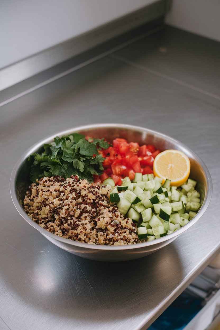 An indoor prep table with a wide salad bowl filled with quinoa, diced cucumber, tomatoes, parsley, and a lemon wedge on the side. No text or logos present. Photo.