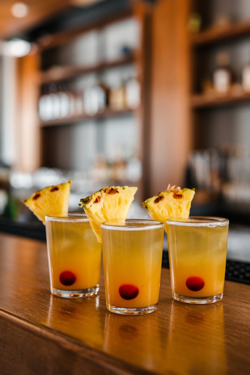 Photo of golden-yellow shots with a dot of red grenadine at the bottom, tiny pineapple wedge garnish, indoor bar; no text or logos.