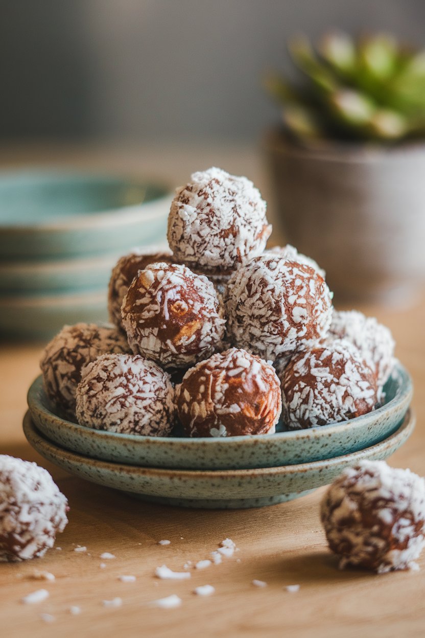 Indoor snack scene of a ceramic plate stacked with round cacao oat bites, some coated in shredded coconut. No logos or text.