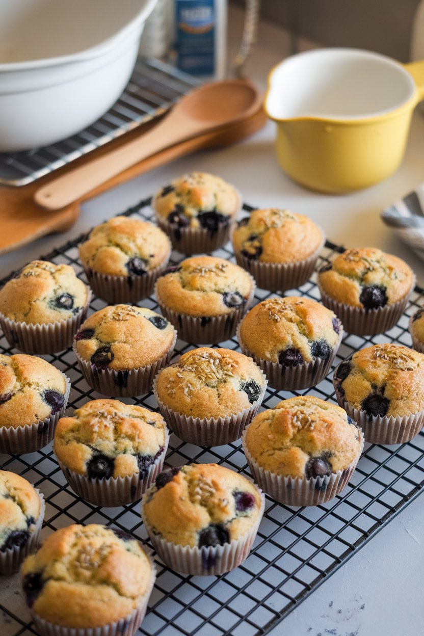 Indoor bakery scene with a cooling rack of golden blueberry muffins, a sprinkle of hemp seeds visible on top. No logos or text.