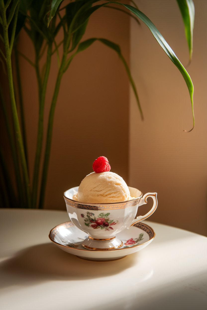 Indoor photo of a delicate teacup containing a modest scoop of vanilla ice cream topped with berry garnish. Evening dessert lighting, no text or logos.