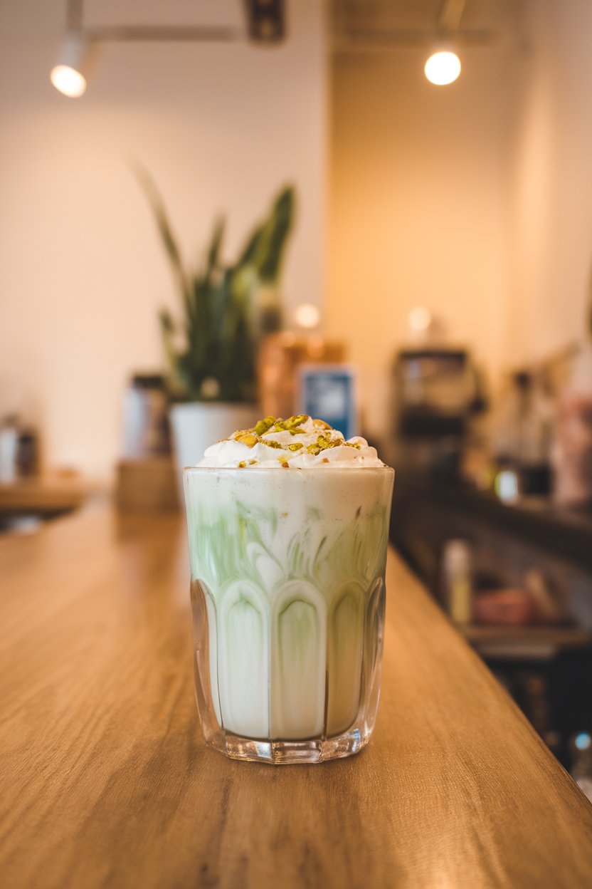 Indoor café counter with a pastel green latte in a clear glass, topped with whipped cream and crushed pistachios that resemble snow. No text or logos. Photo only.