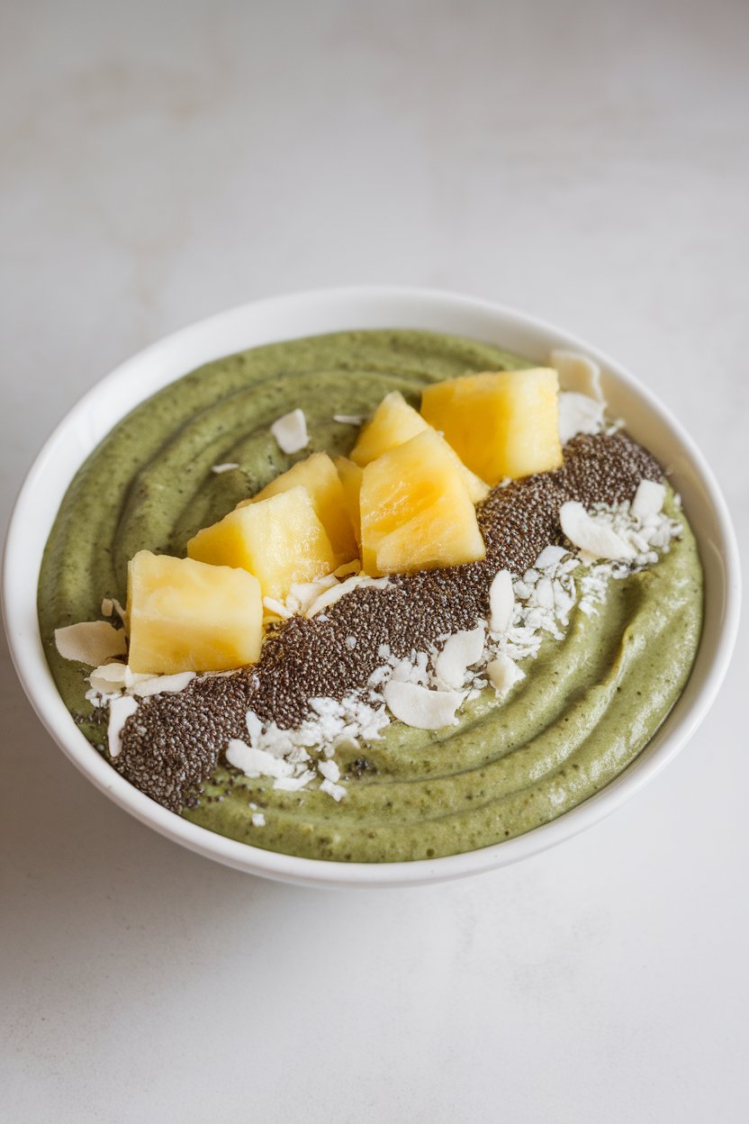 Indoor bowl of thick green smoothie topped with pineapple chunks, chia seeds, and coconut flakes—no text or logos.