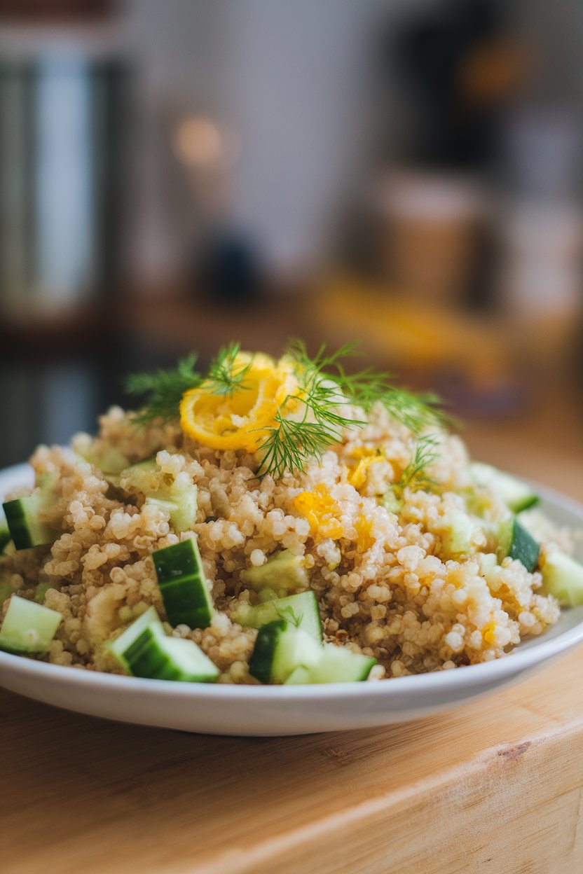 Photo of fluffy quinoa mixed with diced cucumber, fresh dill, and lemon zest, set indoors, no text or logos.