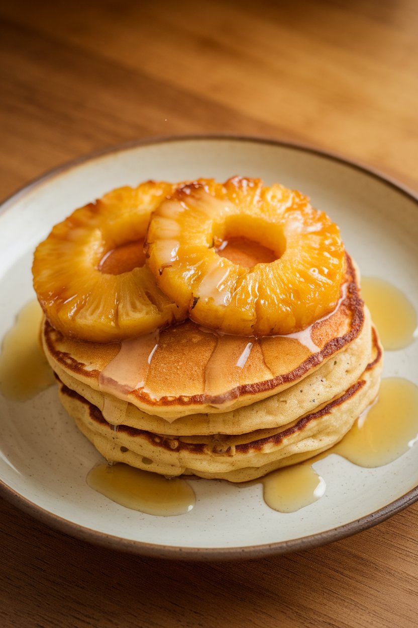 Indoor close-up of pancakes with caramelized pineapple rings on top, light glaze of coconut nectar; photo only.
