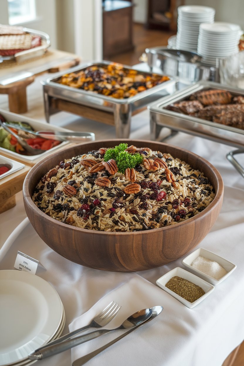 Indoor buffet table with a large wooden bowl of wild rice mixed with dried cranberries, toasted pecans, and parsley. No text or logos.