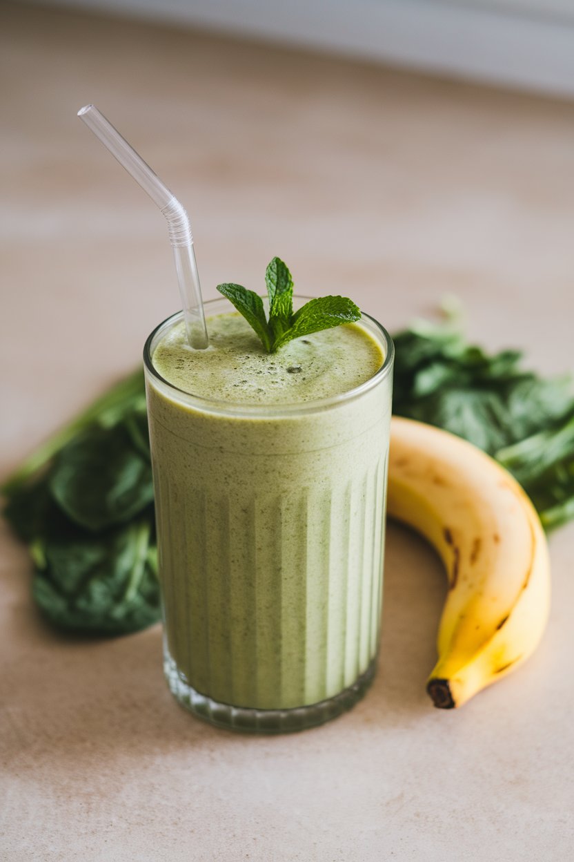Photo prompt: Indoor countertop shot of a tall glass filled with a vibrant green smoothie, garnished with a small sprig of mint and reusable straw beside a ripe banana and handful of spinach leaves. No text or logos visible.