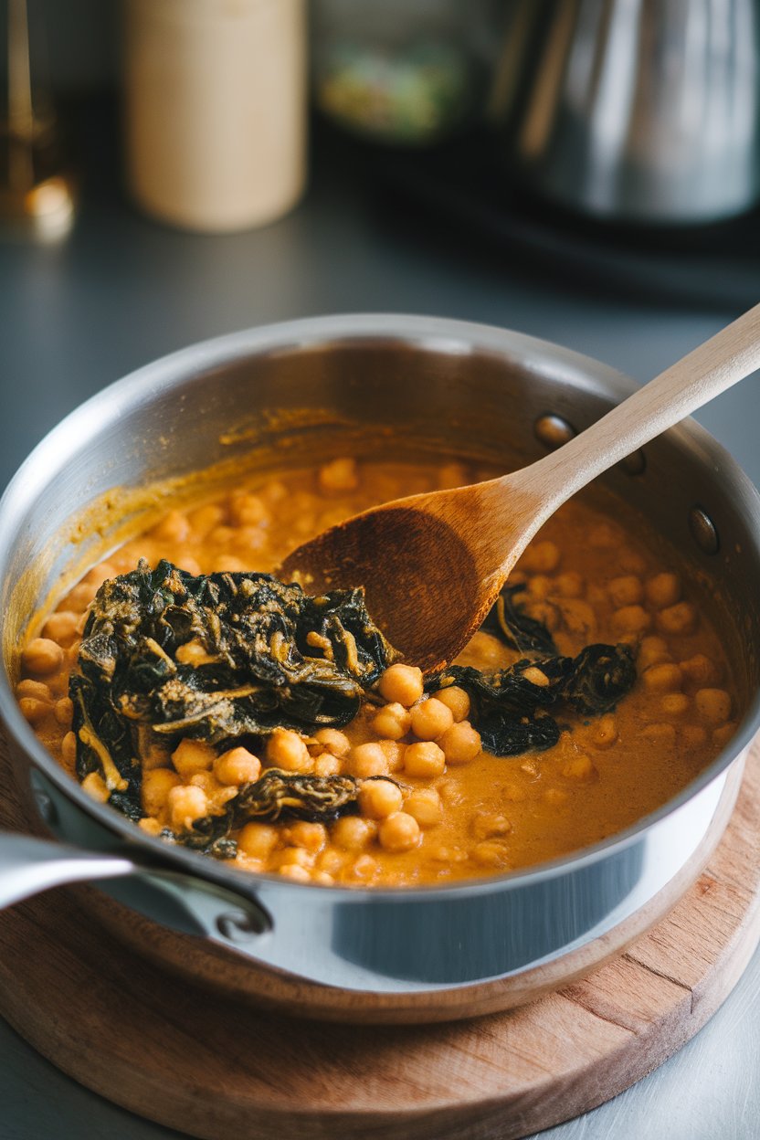 Indoor saucepan filled with golden chickpea curry and wilted spinach, wooden spoon partially submerged. No text or logos, photo not illustration.