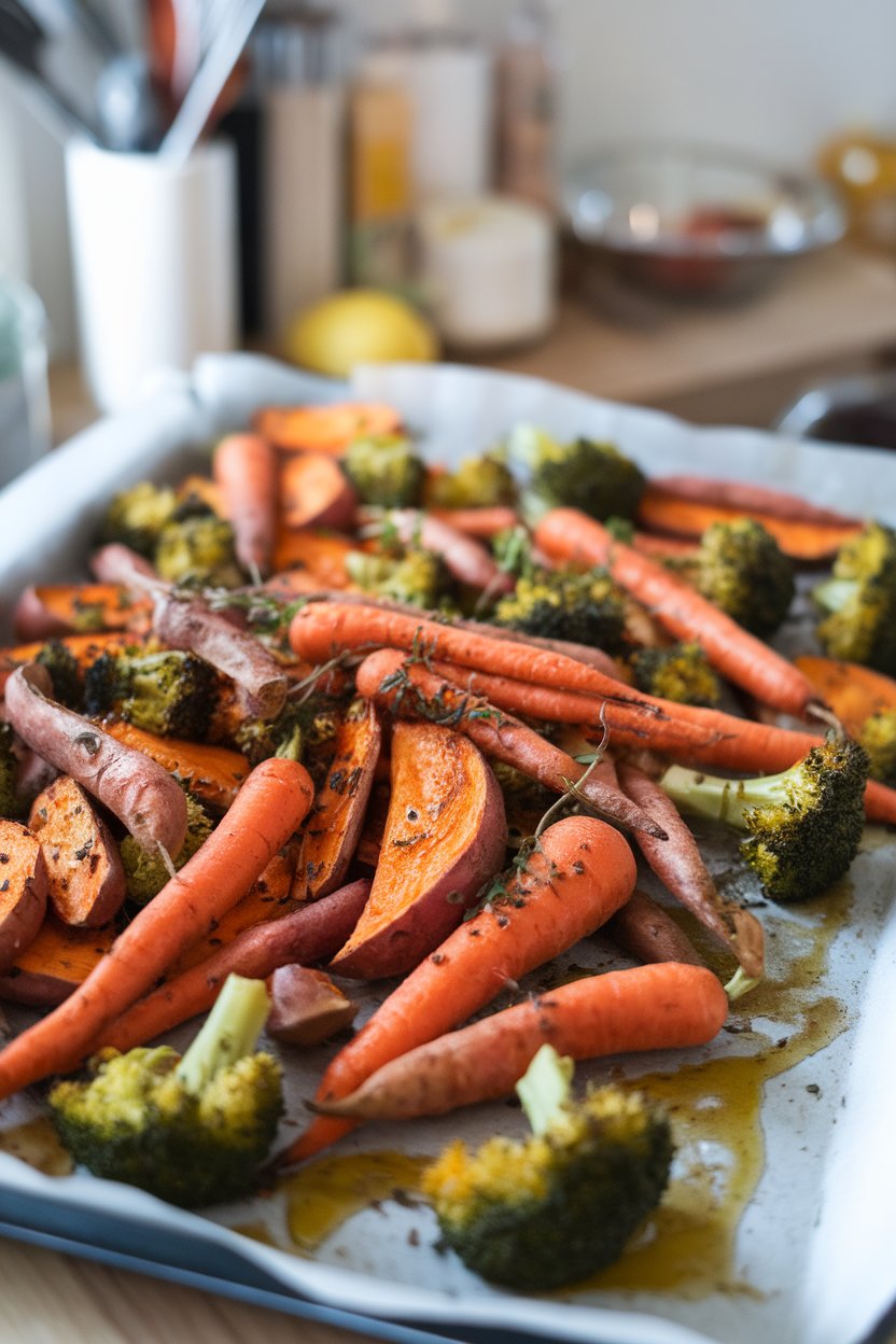 Indoor photo of a sheet pan loaded with assorted roasted vegetables—carrots, broccoli, and sweet potatoes—fresh out of the oven; no text or logos.
