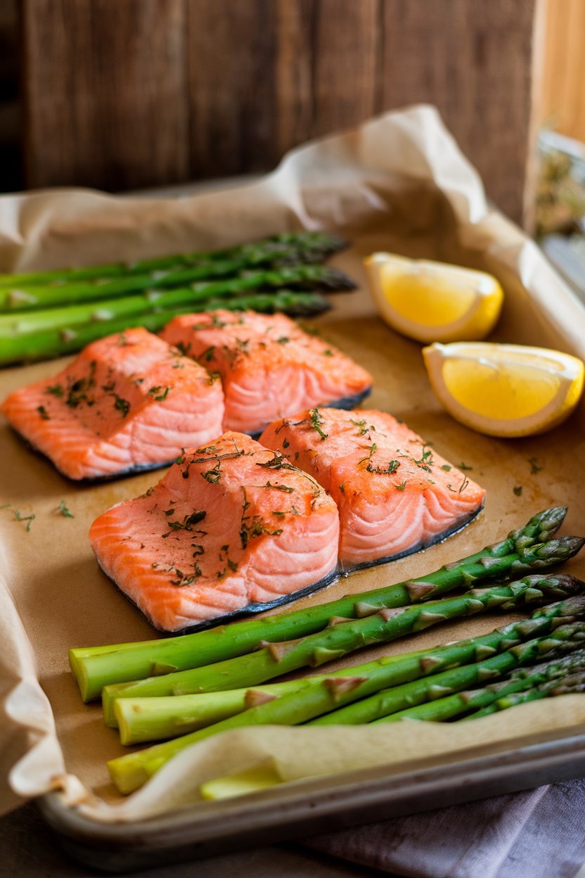 A parchment-lined indoor sheet pan showcasing cooked salmon fillets beside bright green asparagus spears, lemon wedges nearby. No text or logos. Photo, not illustration.