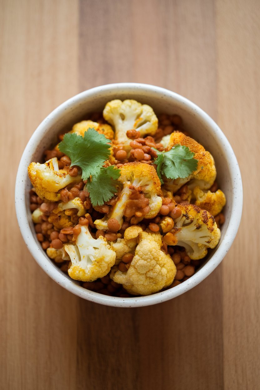 Photo of curry-spiced roasted cauliflower mixed with red lentils and cilantro in a bowl indoors, no text or logos.