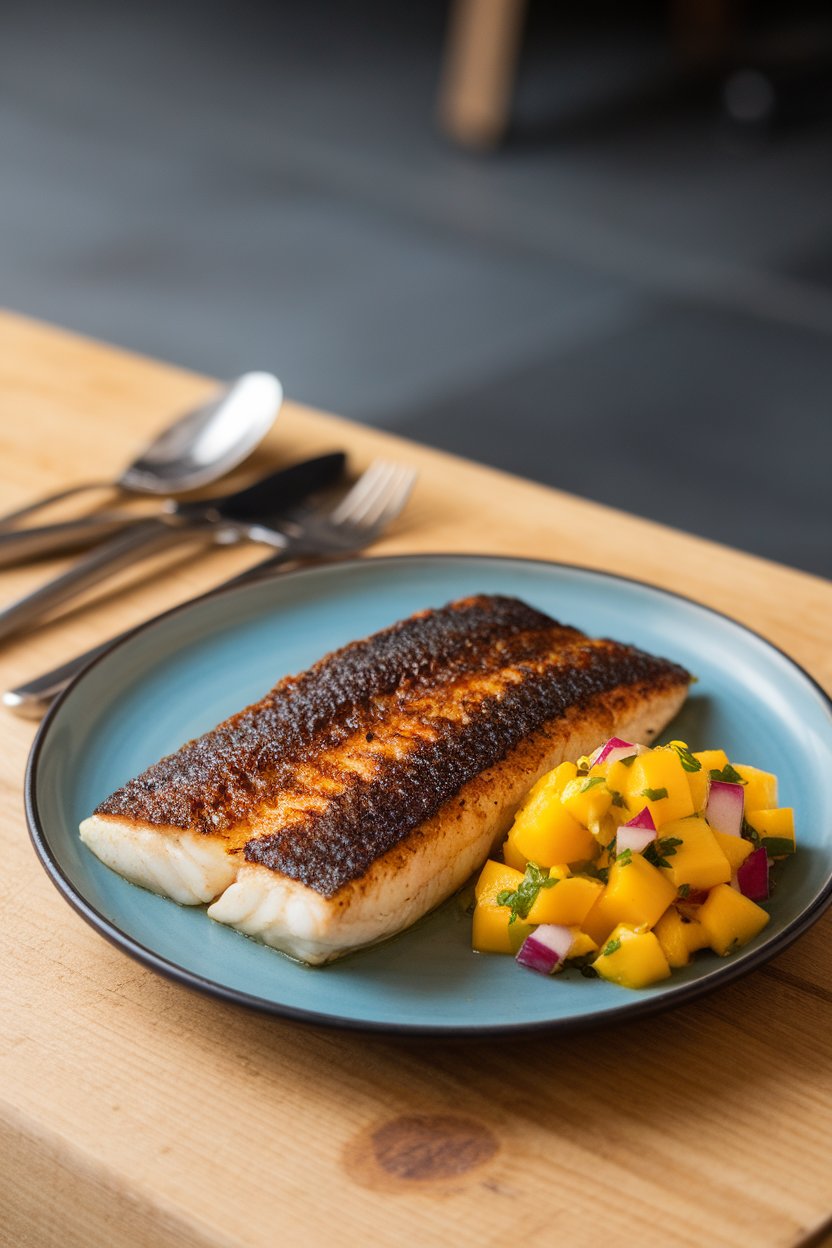 Indoor photo of a plate featuring cooked blackened tilapia fillet with a bright mango salsa on the side. No text or logos.