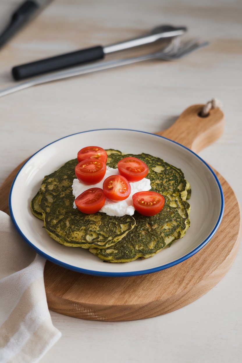 Indoor plate with green-tinted spinach pancakes, cottage-cheese dollop on top, cherry tomato halves nearby; no text or logos.