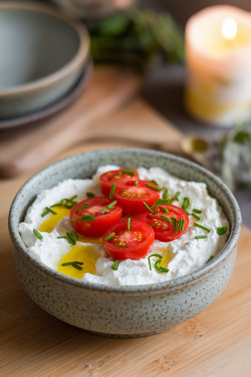 Indoor photo of a ceramic bowl of cottage cheese topped with halved cherry tomatoes, chopped chives, and a drizzle of olive oil, no text or logos
