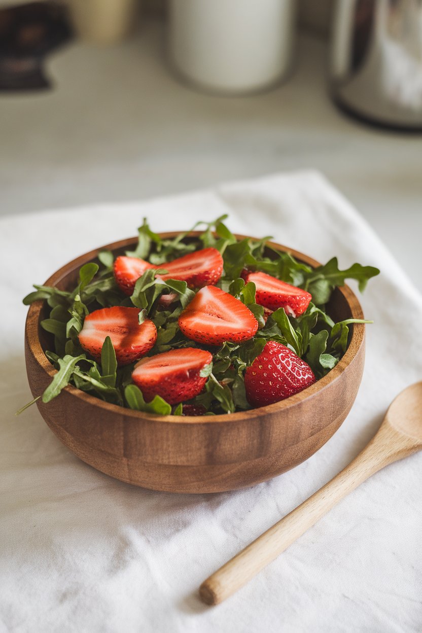 An indoor salad bowl of arugula leaves, sliced strawberries, and a light balsamic glaze. No text or logos. Photo, not illustration.