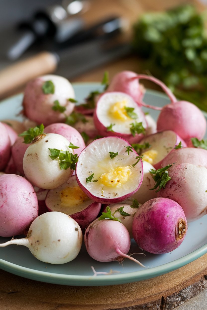 Indoor plate of pastel roasted radish halves, glistening with light lemon butter and parsley. No text or logos.