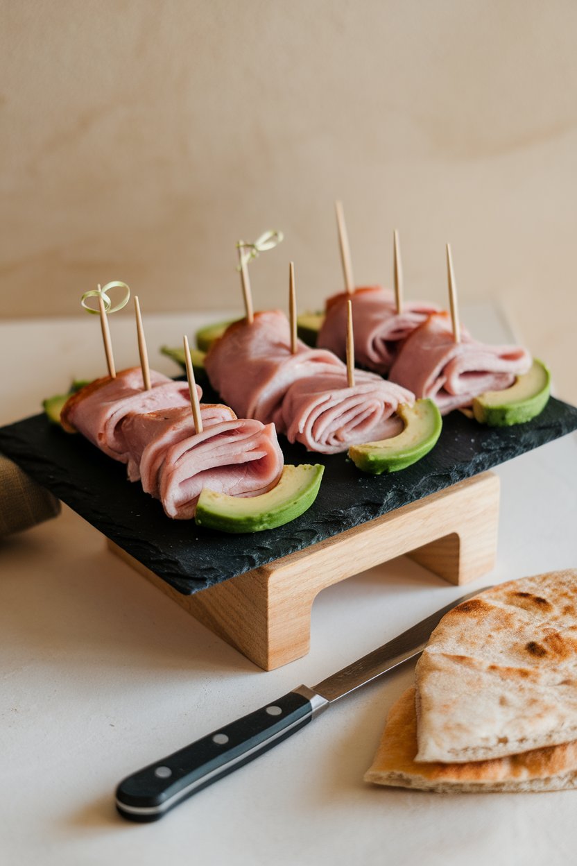An indoor lunch prep surface displaying turkey slices wrapped around avocado wedges, secured with toothpicks on a slate board. No text or logos.