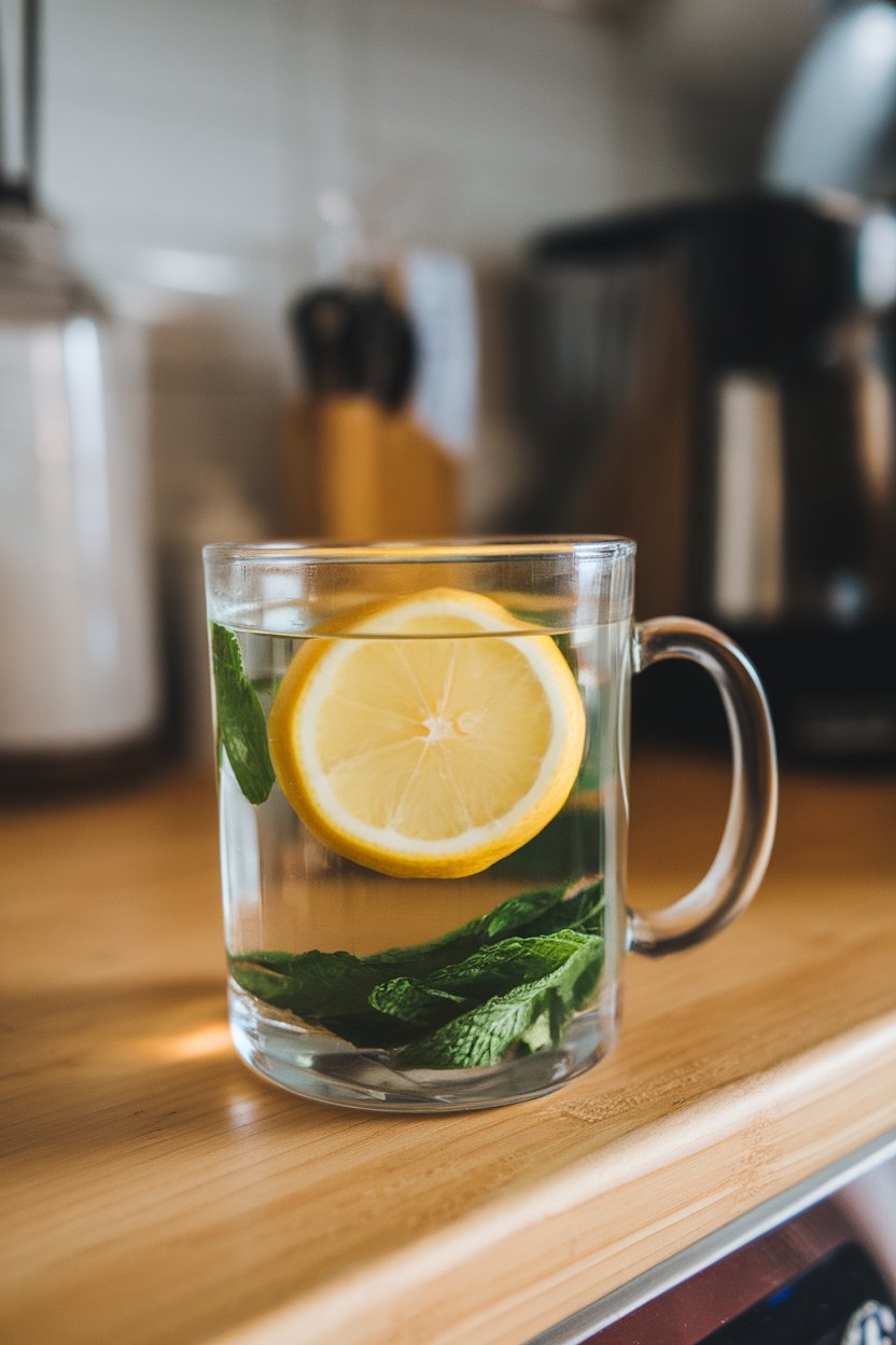 Indoor kitchen photo of a clear glass mug filled with warm water, lemon wheel floating, and mint leaves submerged. No text or logos.