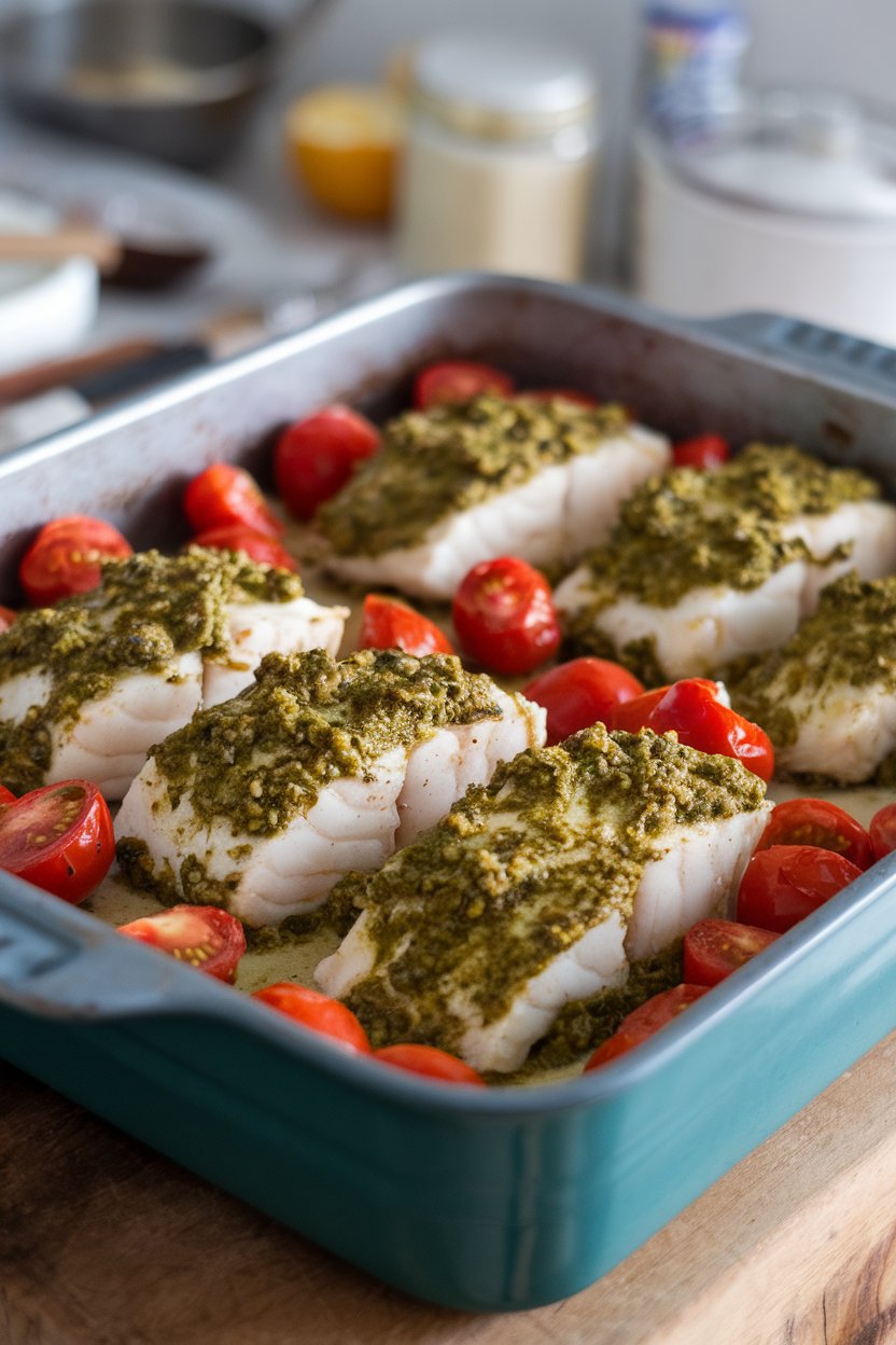 Photo of an indoor baking dish with cod fillets coated in green pesto, cherry tomatoes scattered around, no text or logos