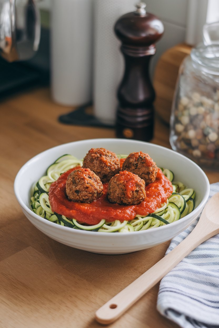 An indoor kitchen counter showing a bowl of spiralized zucchini noodles topped with baked turkey meatballs and marinara sauce; no text or logos; photo