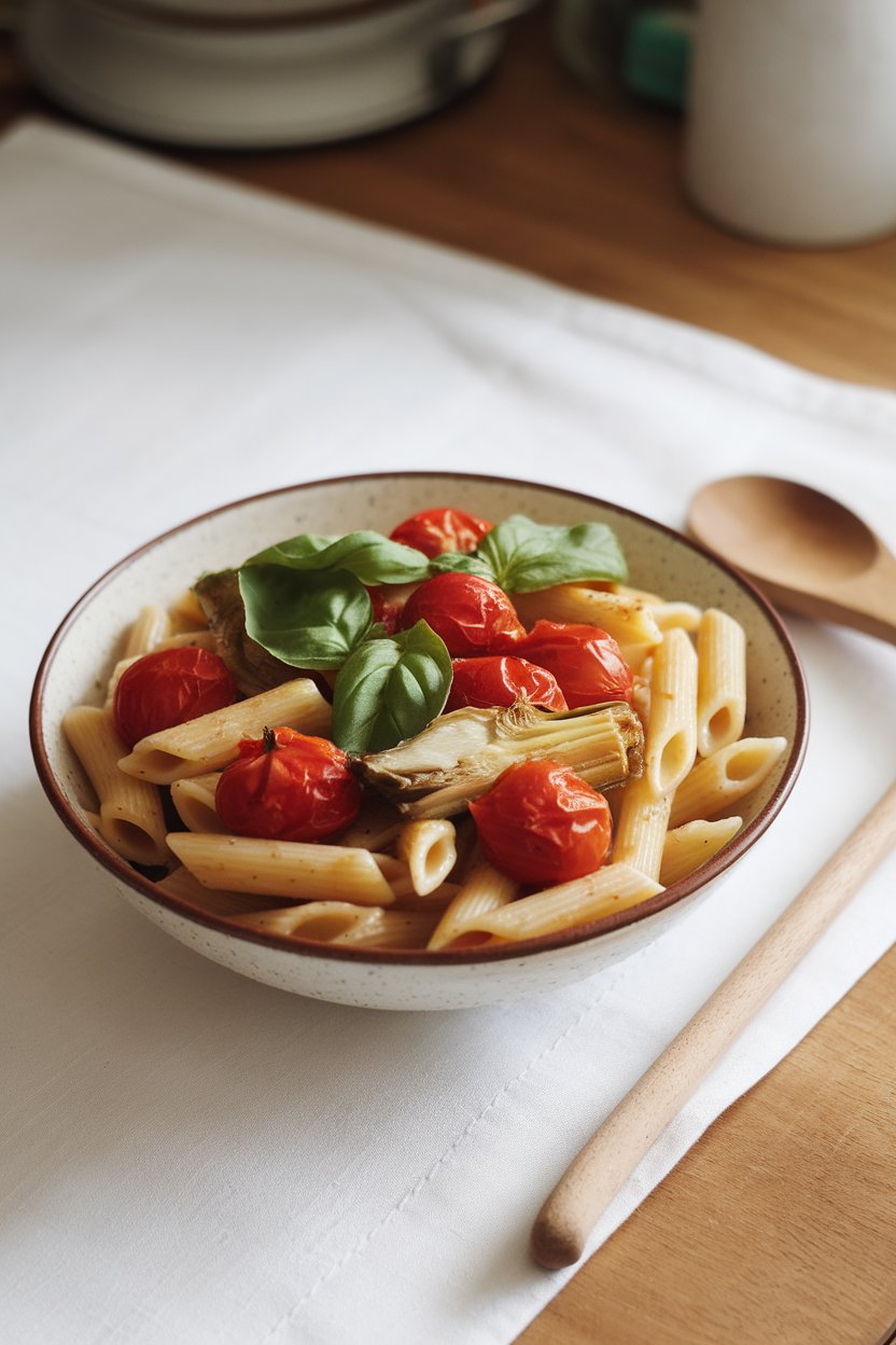 An indoor tabletop with penne pasta, slow-roasted cherry tomatoes, basil leaves, and artichoke hearts; no text or logos.