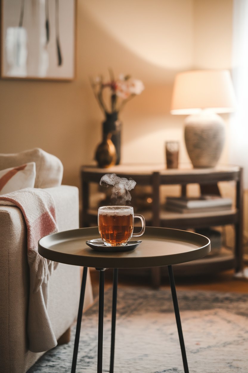 A cozy indoor living-room side table holding a steaming mug of peppermint tea, no text or logos, photo only