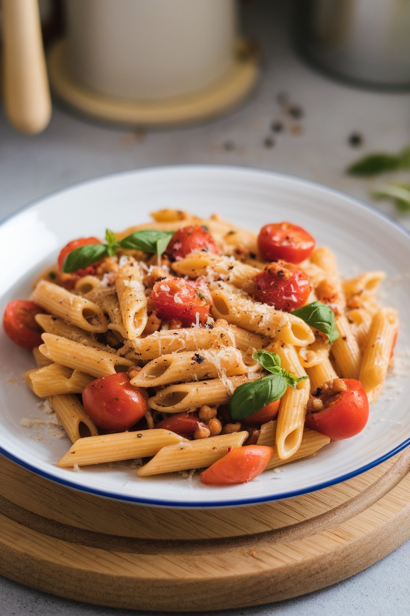 Indoor plate of chickpea penne tossed with cherry tomatoes and basil ribbons—no text or logos.