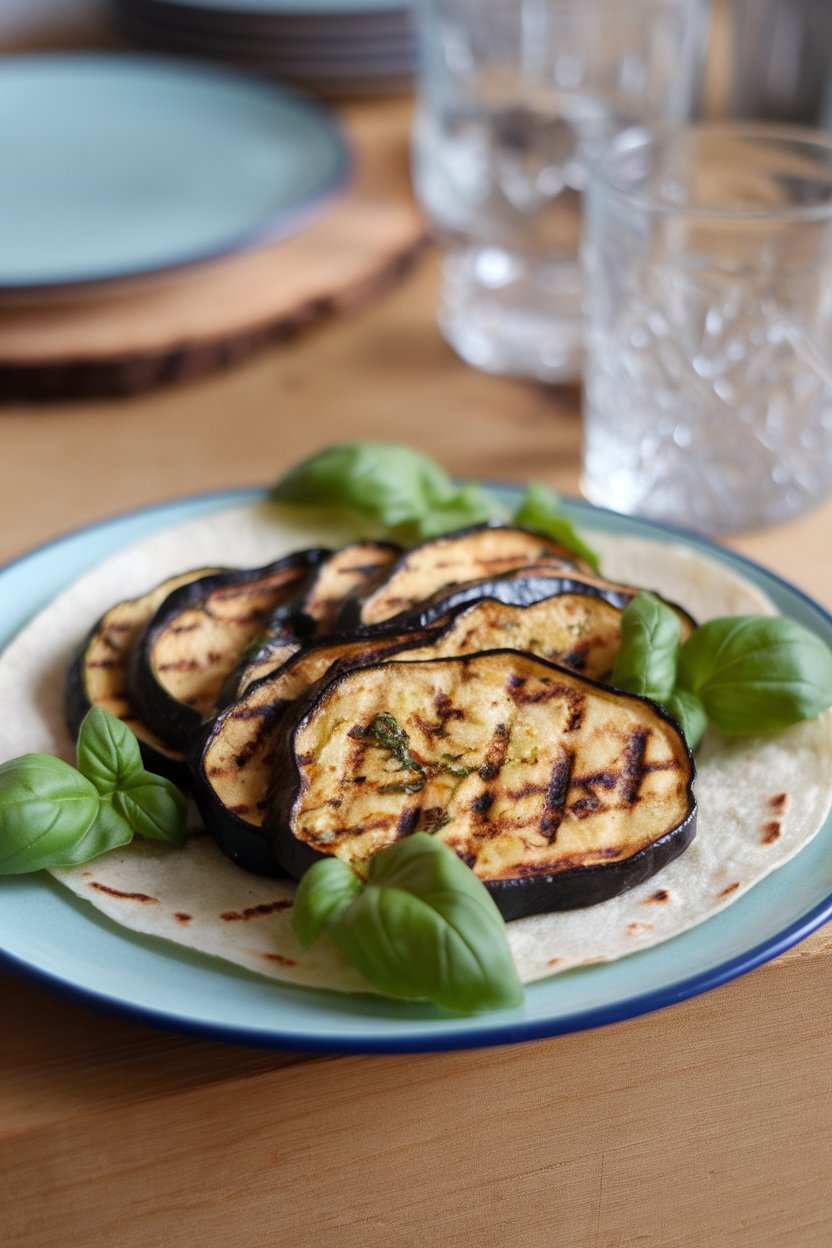 Photo of indoor plate showing grilled zucchini and eggplant slices in tortillas with fresh basil. No text or logos.