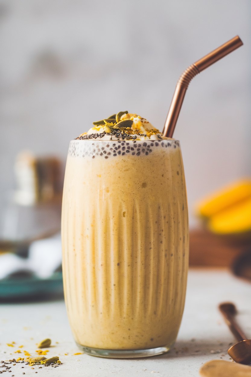 Photo prompt: Indoor glass of creamy mango lassi sprinkled with crushed cardamom and chia seeds, reusable straw. No text or logos present.