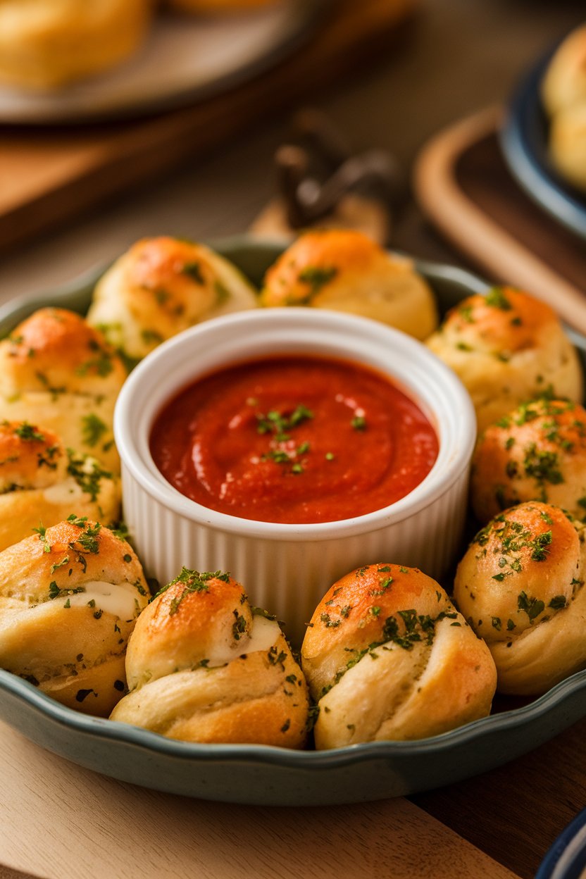 Ring of golden garlic knots brushed with butter and parsley, marinara bowl in the center, photographed indoors. No text or logos. Photo.
