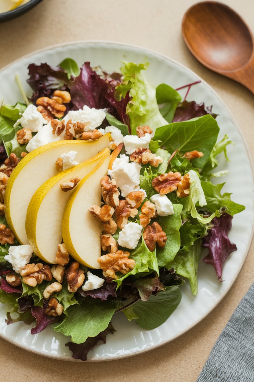 Indoor photo of mixed-green salad topped with sliced pear, crumbled goat cheese, and toasted walnuts, no text or logos.