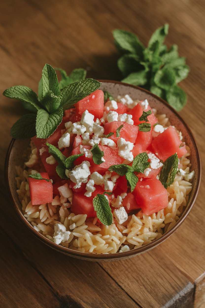 An indoor bowl with orzo, cubed watermelon, feta crumbles, and mint leaves; no text or logos.