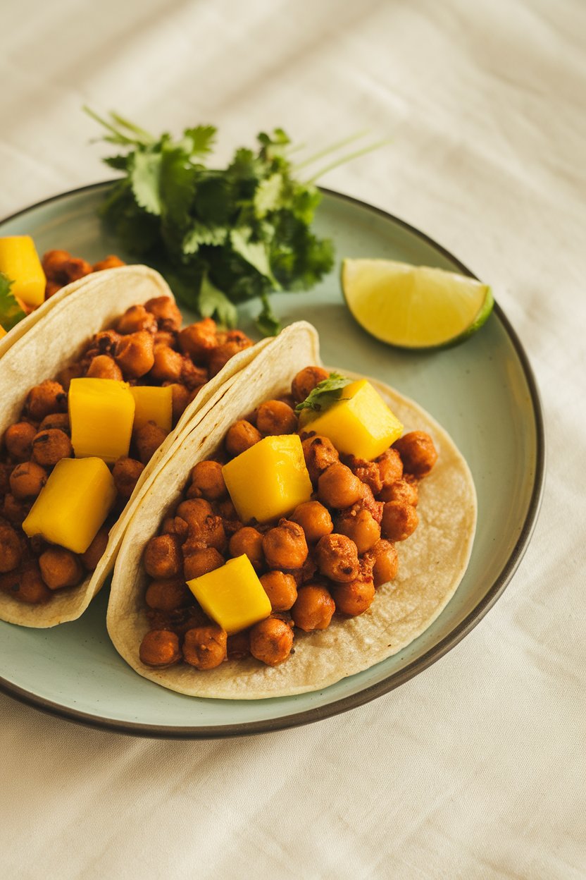 Photo of indoor plate with tacos containing saucy chickpeas and fresh mango cubes. No text or logos.