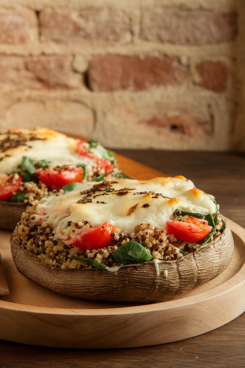 Indoor photo of large baked portobello caps filled with colorful quinoa, cherry tomatoes, and spinach, cheese lightly melted on top. No text or logos.