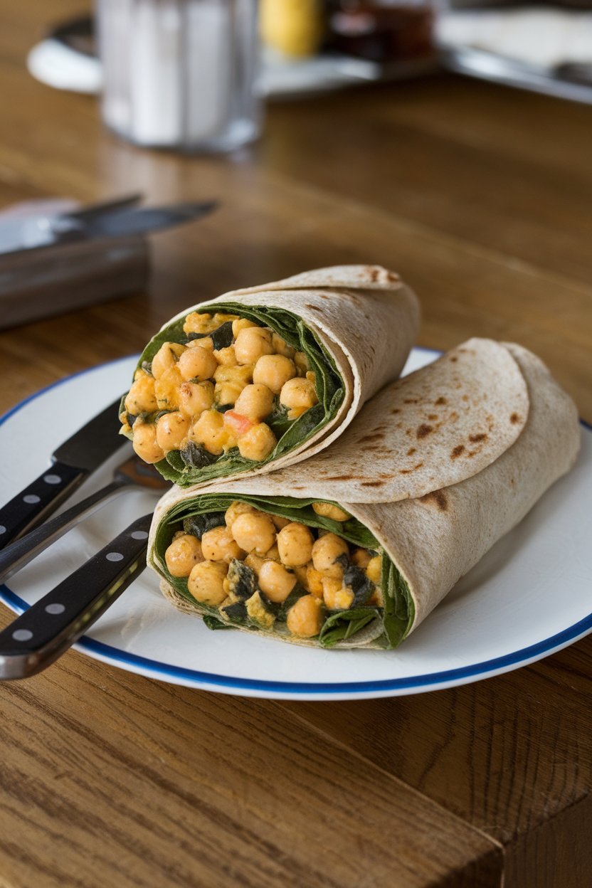 An indoor tabletop displaying a whole-grain wrap filled with curried chickpea salad and baby spinach, sliced diagonally. No text or logos.