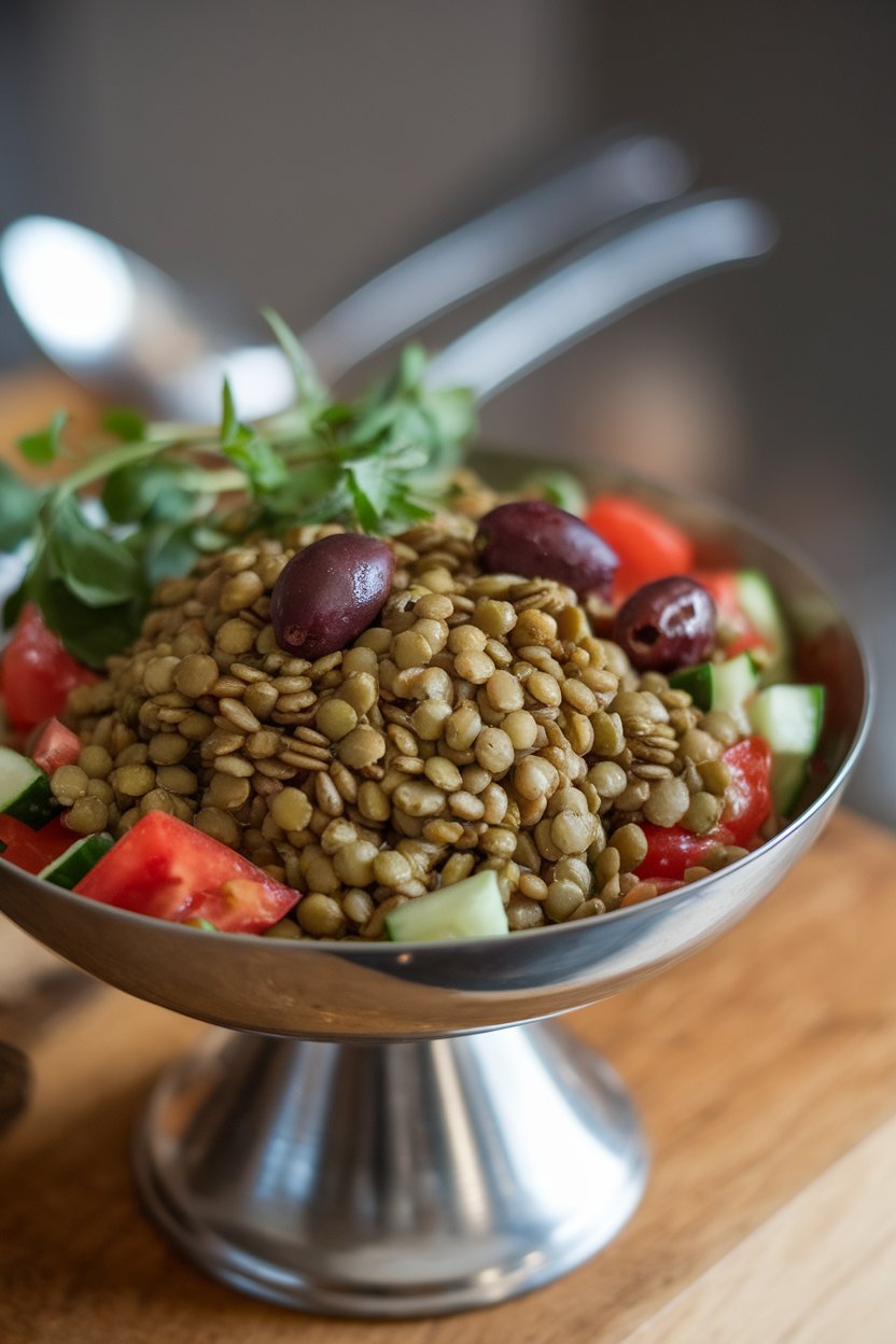 Indoor food photo of cooked green lentils mixed with cucumbers, tomatoes, and olives in a serving bowl; no text or logos.
