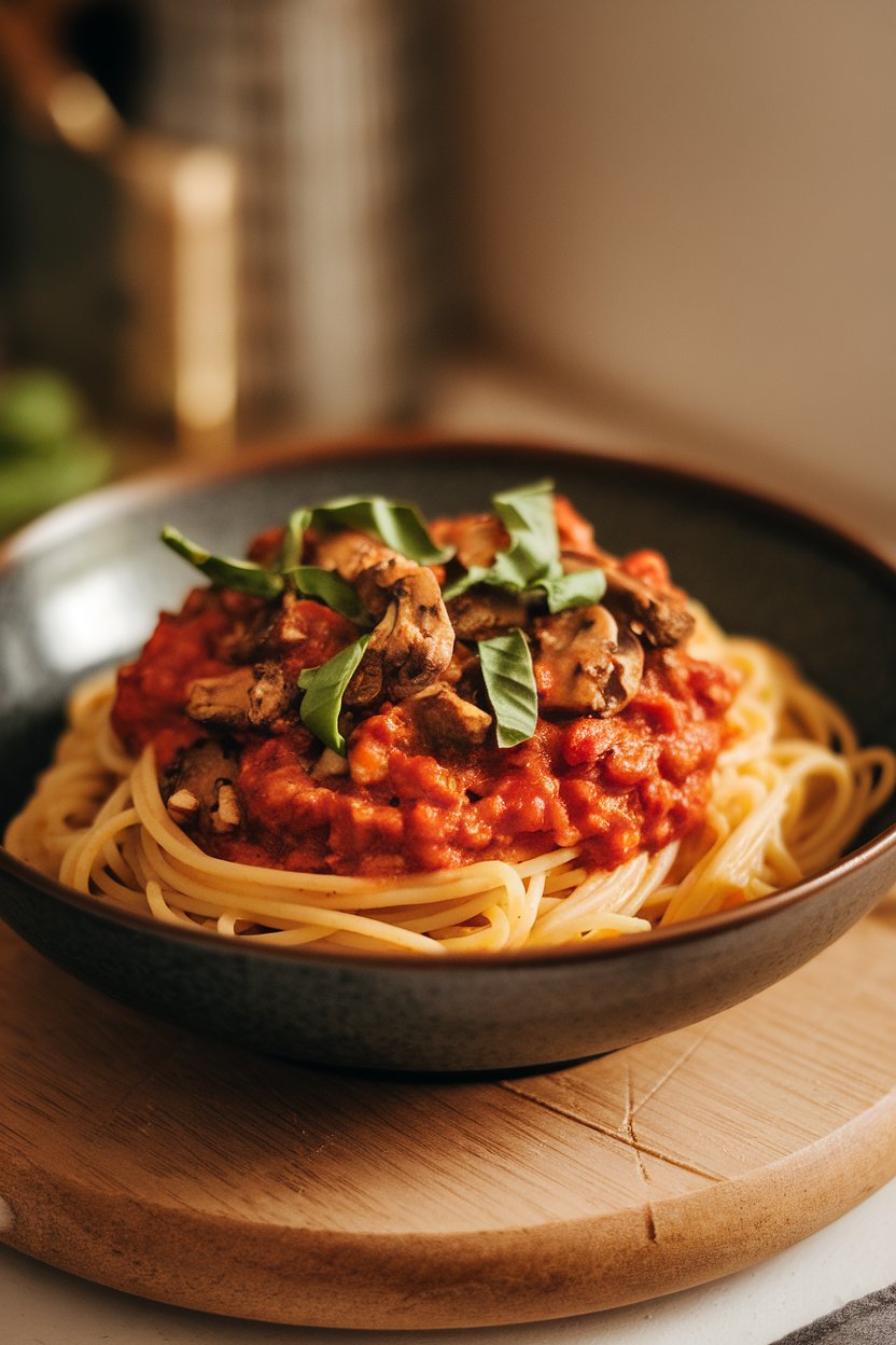A warmly lit indoor scene of spaghetti topped with a chunky mushroom-walnut tomato sauce, finished with basil ribbons. No text or logos.