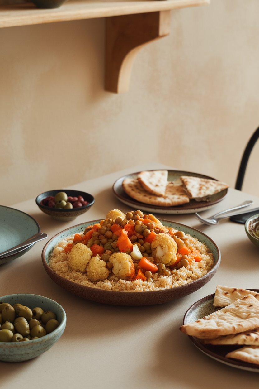 Indoor dining table with a wide bowl of fluffy couscous topped with harissa-spiced roasted cauliflower, carrots, and chickpeas. No text or logos present.