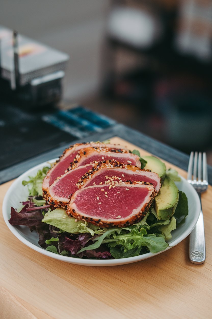 Indoor photo of a plate of mixed greens topped with slices of seared, fully cooked ahi tuna, avocado, and sesame seeds; no text or logos.
