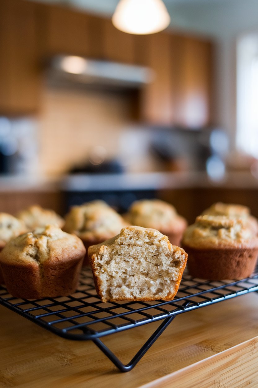 An indoor cooling rack with bite-size banana bread muffins, photo, no text or logos.