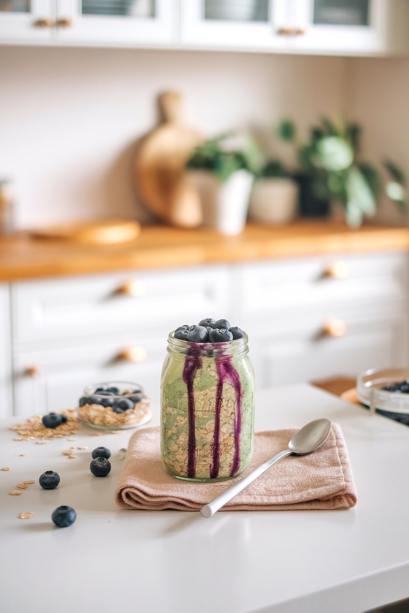 Indoor bright kitchen photo of a jar featuring green matcha oats streaked with blueberry juice and topped with whole berries. No text or logos. Photo only.