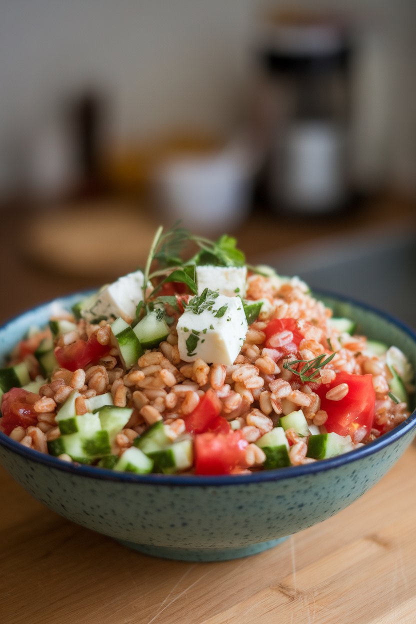 Indoor bowl of farro mixed with diced cucumber, tomato, and feta cubes, herbs sprinkled on top. No text or logos.