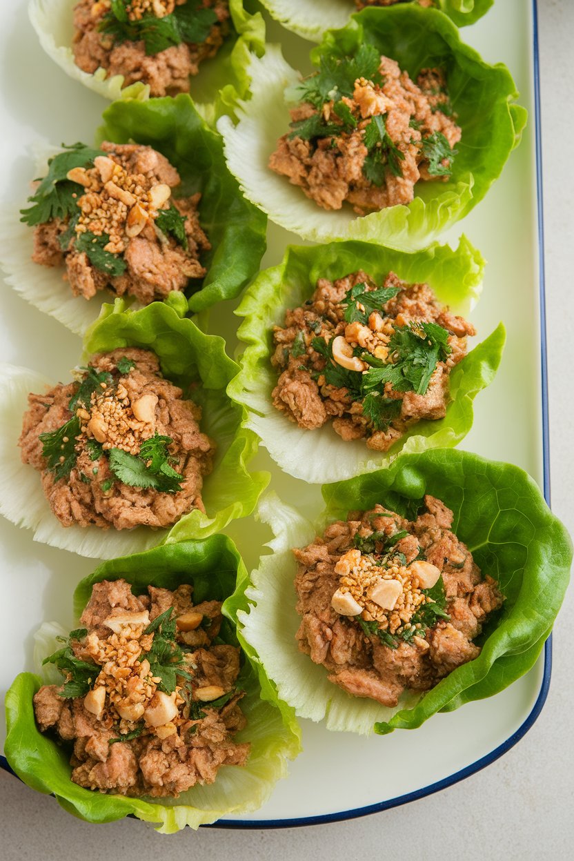Butter lettuce leaves filled with ground chicken, herbs, and crushed peanuts, arranged on an indoor platter. No text or logos. Photo.